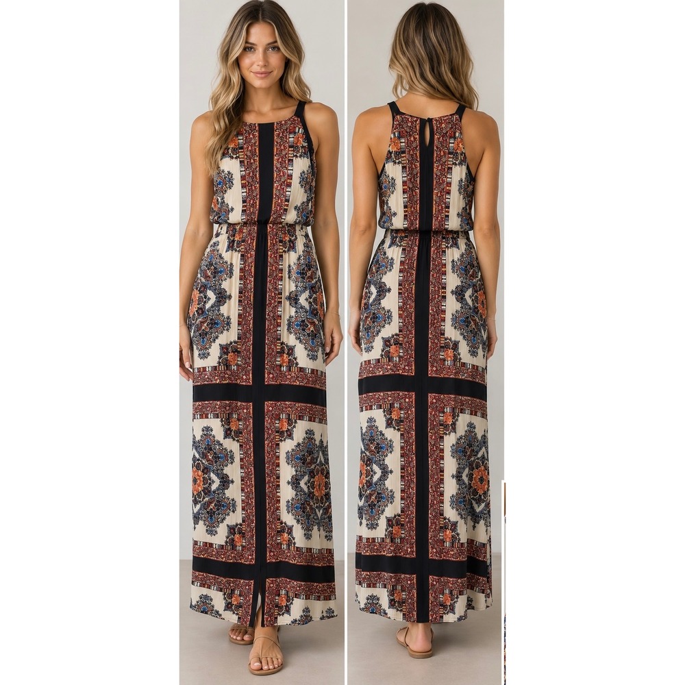 CB Established 1962 Womens Pleated Maxi Dress Navy Orange Boho Tile Print Sz 6